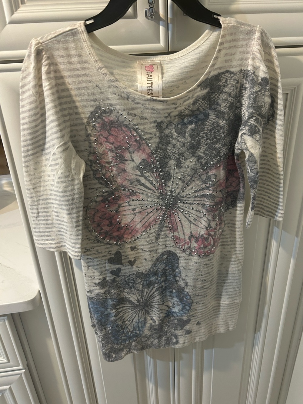 Beautees Cream Striped Top with Pink & Blue Butterfly Gems